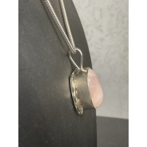 Silver Snake Chain Necklace With Rose Quartz Pendant - Picture 5 of 6